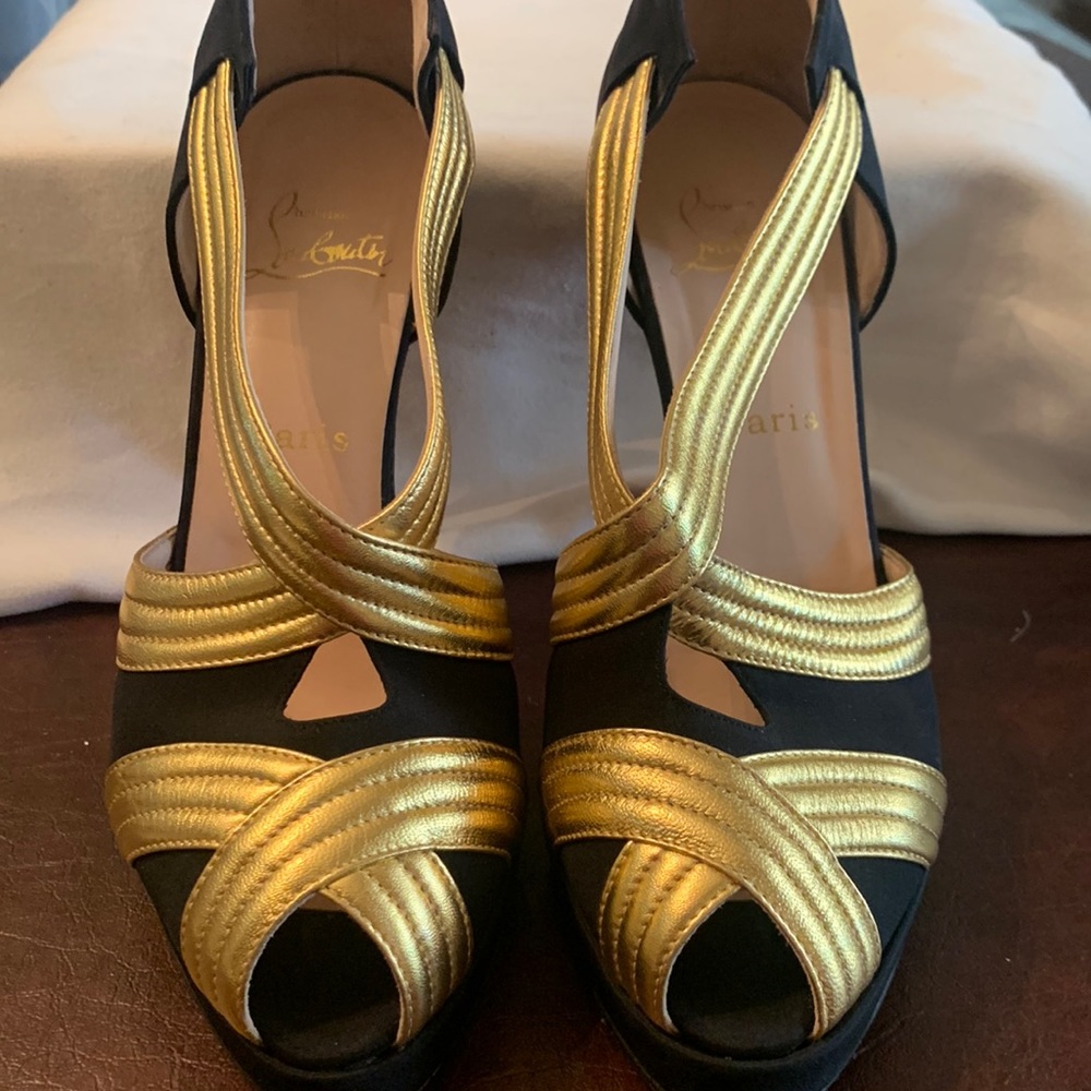 Christian Louboutin gold and black swirl heel